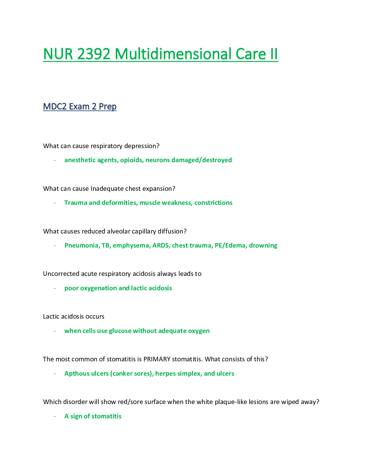 Preview of NUR 2392 / NUR2392 Exam 2 Prep (Latest): Multidimensional Care II / MDC 2 - Rasmussen
